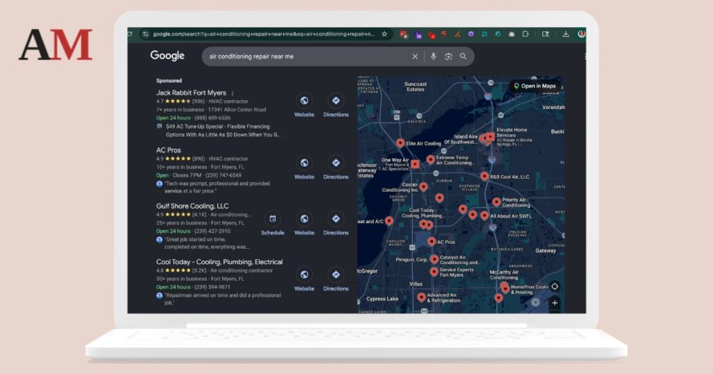 lap top mockup of a fort myers air conditioning repair local map pack